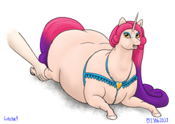 Size: 1200x850 | Tagged: safe, artist:soobel, imported from derpibooru, princess amore, human, pony, unicorn, disembodied hand, fat, female, hand, mare, obese, open mouth, surprised