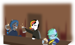 Size: 6530x3905 | Tagged: safe, artist:samsailz, imported from derpibooru, oc, oc:blaze, oc:sailz, pegasus, pony, alcohol, ashes town, bar, beer, drunk, happy, smiling