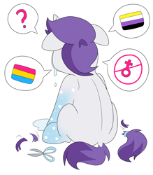 Size: 3505x4000 | Tagged: safe, artist:partylikeanartist, imported from derpibooru, oc, oc only, oc:indigo wire, pony, unicorn, alternate hairstyle, back, confused, crying, dock, facing away, gradient hooves, mane cut, nonbinary, nonbinary pride flag, pansexual, pansexual pride flag, ponytail, pride, pride flag, question mark, scissors, simple background, solo, white background