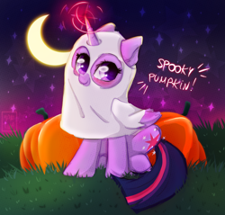 Size: 1006x960 | Tagged: source needed, useless source url, safe, artist:creepyname, artist:kebchach, imported from derpibooru, twilight sparkle, alicorn, pony, clothes, costume, cute, ghost costume, halloween, halloween costume, holiday, magic, night, pumpkin, solo, twiabetes, twilight sparkle (alicorn)