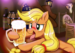 Size: 3508x2480 | Tagged: safe, artist:neoshrek, imported from derpibooru, applejack, earth pony, pony, alcohol, applecider, bar, beer, bits, blushing, drunk, drunk aj, female, mare, my little pony, solo, tongue out