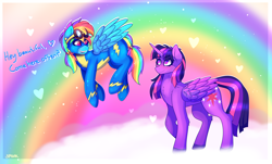 Size: 2844x1719 | Tagged: safe, artist:aaa-its-spook, imported from derpibooru, rainbow dash, twilight sparkle, alicorn, pegasus, clothes, cloud, female, flying, goggles, lesbian, rainbow, shipping, twidash, twilight sparkle (alicorn), uniform, wonderbolts uniform