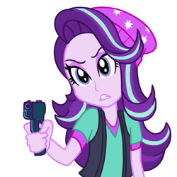 Size: 800x800 | Tagged: safe, artist:haradafutoshi, imported from derpibooru, starlight glimmer, equestria girls, angels of death, commission, crossover, delet this, gun, handgun, pistol, rachel gardner, simple background, solo, weapon