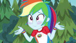 Size: 1920x1080 | Tagged: safe, edit, edited screencap, editor:mycarhasamoustache, imported from derpibooru, screencap, rainbow dash, equestria girls, legend of everfree, blushing, camp everfree outfits, cropped, cute, dashabetes, female, smile edit, solo