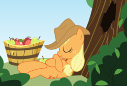 Size: 6001x4047 | Tagged: safe, artist:frownfactory, imported from derpibooru, applejack, earth pony, pony, ponyville confidential, apple, applejack's hat, asleep on the job, cowboy hat, eyes closed, female, food, hat, mare, solo, tree, vector