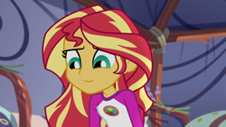 Size: 1920x1080 | Tagged: safe, edit, edited screencap, editor:mycarhasamoustache, imported from derpibooru, screencap, sunset shimmer, equestria girls, legend of everfree, camp everfree outfits, cropped, female, smile edit, solo