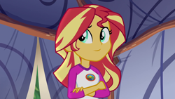 Size: 1920x1080 | Tagged: safe, edit, edited screencap, editor:mycarhasamoustache, imported from derpibooru, screencap, sunset shimmer, equestria girls, legend of everfree, camp everfree outfits, cropped, female, smile edit, solo