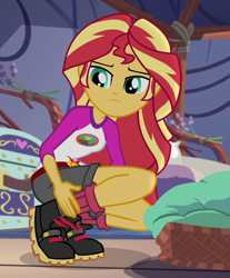 Size: 772x934 | Tagged: safe, imported from derpibooru, screencap, sunset shimmer, equestria girls, legend of everfree, camp everfree outfits, cropped, crouching, female, solo