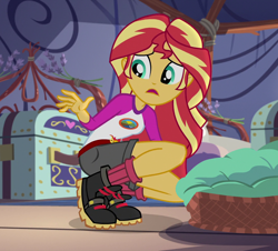 Size: 1078x976 | Tagged: safe, imported from derpibooru, screencap, sunset shimmer, equestria girls, legend of everfree, boots, camp everfree outfits, chest, clothes, cropped, crouching, denim shorts, female, flower, indoors, open mouth, sad, shoes, shorts, socks, solo, squatting