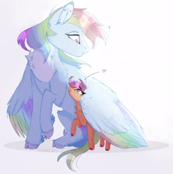 Size: 3142x3161 | Tagged: safe, artist:nyota71, imported from derpibooru, rainbow dash, scootaloo, pegasus, pony, chest fluff, cloven hooves, colored hooves, colored pupils, colored wings, duo, duo female, female, fluffy, heart, hug, multicolored wings, pale belly, pastel, rainbow wings, scootalove, sisterly love, smiling, snuggling, surprised, winghug, wings