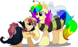 Size: 9319x5700 | Tagged: safe, artist:rainbowtashie, imported from derpibooru, apple bloom, dinky hooves, oc, oc:rainbow tashie, oc:sparkling apples, earth pony, pony, unicorn, vampire, animal costume, bee costume, butt, clothes, commissioner:bigonionbean, costume, cute, fangs, female, flank, fusion, fusion:apple bloom, fusion:dinky hooves, fusion:sparkling apples, halloween, halloween costume, holiday, mare, plot, simple background, transparent background, writer:bigonionbean