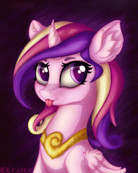 Size: 2000x2500 | Tagged: safe, artist:eltaile, imported from derpibooru, princess cadance, alicorn, pony, unicorn, :p, abstract background, bust, cute, cutedance, ear fluff, female, gold, high res, portrait, signature, solo, tongue out