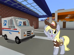 Size: 2048x1536 | Tagged: safe, artist:jhayarr23, artist:topsangtheman, imported from derpibooru, derpy hooves, pegasus, pony, looking at you, mail truck, mailmare, minecraft, post office, solo