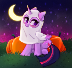 Size: 1006x960 | Tagged: source needed, useless source url, safe, alternate version, artist:kebchach, artist:meqiopeach, imported from derpibooru, twilight sparkle, alicorn, ghost, pony, undead, art, aura, clothes, costume, cute, cutie mark, drawing, fanart, grass, halloween, halloween costume, holiday, magic, moon, night, nightmare night, pumpkin, sketch, smiling, smol, solo, twiabetes, twilight sparkle (alicorn)