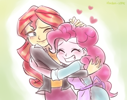 Size: 1400x1100 | Tagged: safe, artist:haden-2375, imported from derpibooru, pinkie pie, sunset shimmer, equestria girls, apron, blushing, blushing profusely, clothes, eyes closed, female, floating heart, heart, hug, lesbian, shipping, sunsetpie