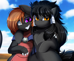 Size: 3215x2640 | Tagged: safe, artist:pridark, imported from derpibooru, oc, oc only, oc:midnight radiance, unnamed oc, dragon, earth pony, pony, buddies, commission, duo, high res, hug, looking at you, smiling