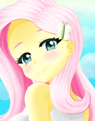 Size: 736x932 | Tagged: safe, artist:deaashmoon, imported from derpibooru, fluttershy, equestria girls, blushing, bust, cute, female, looking at you, looking back, looking back at you, looking over shoulder, shyabetes, sky background, smiling, solo