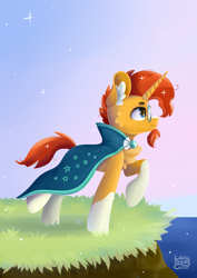 Size: 1240x1754 | Tagged: safe, artist:lazybread, artist:verylazybread, imported from derpibooru, sunburst, pony, unicorn, cliff, clothes, ear fluff, facial hair, glasses, goatee, male, raised hoof, robe, smiling, solo, stallion, stars, sunburst's cloak, sunburst's robe
