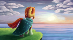 Size: 4555x2500 | Tagged: safe, artist:futmoon, imported from derpibooru, sunburst, pony, unicorn, cliff, cloud, high res, male, ocean, sky, solo, sunrise