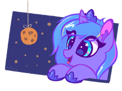 Size: 1000x750 | Tagged: safe, artist:lollipony, imported from derpibooru, princess luna, pony, bust, cookie, cute, dangling, ear fluff, eye clipping through hair, eyes on the prize, female, filly, food, lunabetes, portrait, simple background, smiling, solo, transparent background, woona, younger