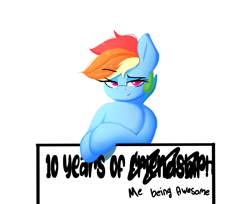 Size: 1370x1120 | Tagged: safe, artist:welost, derpibooru exclusive, imported from derpibooru, rainbow dash, pegasus, pony, 10, cute, dashabetes, egotistical, faic, female, happy birthday mlp:fim, looking at you, mare, mlp fim's tenth anniversary, simple background, smug, smugdash, solo, text