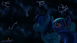 Size: 3840x2160 | Tagged: safe, artist:melodiousmarci, imported from derpibooru, oc, oc:rainy visualz, oc:star beats, pegasus, pony, 3d, constellation, duo, glow, glowing, high res, night, oc x oc, pegasus oc, shipping, smiling, source filmmaker, stars, staryvisi, wings