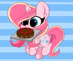 Size: 4096x3407 | Tagged: safe, artist:kittyrosie, imported from derpibooru, oc, oc only, oc:rosa flame, pony, unicorn, abstract background, blushing, cake, cute, female, food, mare, mouth hold, ocbetes, solo