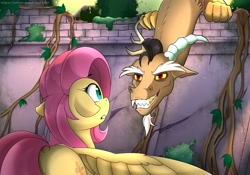 Size: 4096x2874 | Tagged: safe, artist:feital-zebra, artist:felixf, imported from derpibooru, discord, fluttershy, draconequus, pegasus, pony, butt, dock, duo, female, floppy ears, flutterbutt, grin, gritted teeth, looking at each other, mare, outdoors, plot, smiling, spread wings, startled, surprised, toothy grin, vine, wall, wings