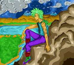 Size: 2618x2291 | Tagged: safe, artist:novaquinmat, imported from derpibooru, spike, human, cloud, humanized, male, mountain, night, sitting, solo