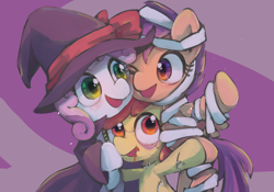 Size: 2000x1400 | Tagged: safe, artist:lexiedraw, imported from derpibooru, apple bloom, scootaloo, sweetie belle, pony, undead, zombie, clothes, costume, cute, cutie mark crusaders, female, filly, halloween, halloween costume, hat, holiday, mummy, one eye closed, open mouth, pixiv, trio, witch, witch hat