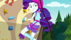 Size: 600x338 | Tagged: safe, imported from derpibooru, screencap, applejack, rarity, equestria girls, legend of everfree, animated, camp everfree outfits, rock climbing, scared, super strength