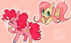 Size: 1037x629 | Tagged: safe, artist:voidsucre, imported from derpibooru, fluttershy, pinkie pie, earth pony, pegasus, pony, colored hooves, cute, duo, eyes closed, female, folded wings, lying down, mare, open mouth, outline, pink background, profile, prone, simple background, white outline, wings, yawn