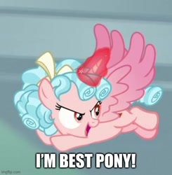 Size: 500x511 | Tagged: safe, edit, edited screencap, imported from derpibooru, screencap, cozy glow, alicorn, pony, the ending of the end, alicornified, caption, cozycorn, cropped, image macro, race swap, solo, text