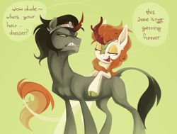 Size: 1413x1067 | Tagged: safe, artist:anotherdeadrat, imported from derpibooru, autumn blaze, king sombra, kirin, pony, unicorn, dialogue, duo, female, lidded eyes, male, open mouth, redraw, speech bubble, stallion