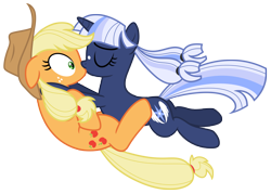 Size: 11133x7950 | Tagged: safe, artist:estories, imported from derpibooru, applejack, oc, oc:silverlay, original species, pony, absurd resolution, canon x oc, female, kiss on the lips, kissing, lesbian, shipping, silverjack, simple background, surprise kiss, transparent background, umbra pony, vector
