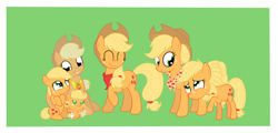 Size: 5217x2500 | Tagged: safe, artist:squipycheetah, imported from derpibooru, part of a set, applejack, earth pony, pony, apple family reunion, the last problem, where the apple lies, alternate color palette, baby, baby pony, babyjack, bandana, clothes, cute, diaper, element of honesty, eyes closed, female, filly, filly applejack, foal, freckles, granny smith's scarf, granny smith's shawl, green background, hug, jackabetes, jackletree, looking back, looking down, looking up, mare, multeity, older, older applejack, raised hoof, self paradox, self ponidox, simple background, sitting, teenage applejack, teenager, younger