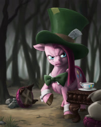 Size: 1720x2160 | Tagged: safe, artist:ponyhell, imported from derpibooru, madame leflour, pinkie pie, rocky, earth pony, pony, party of one, alice in wonderland, angry, bowtie, clothes, costume, cufflinks, cup, cutie mark, female, forest, forest background, hat, mad hatter, mad hatter hat, parody, pinkamena diane pie, scowl, solo, solo female, straight mane, table, tea party, teacup, top hat