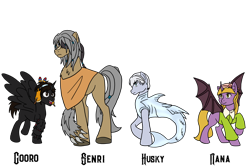 Size: 1920x1280 | Tagged: safe, artist:lionpatriot, imported from derpibooru, alicorn, bat pony, bat pony alicorn, dog, husky, merpony, pony, unicorn, bat wings, clothes, cooro, crossover, horn, nana, plus anima, poncho, ponified, senri, simple background, transparent background, wings