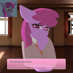 Size: 3000x3000 | Tagged: safe, artist:xcinnamon-twistx, imported from derpibooru, berry punch, berryshine, oc, earth pony, clothes, commission, curtains, cute, dialogue, doki doki literature club, dress, earth pony oc, heart, heart eyes, just monika, just monika pose, monika, school uniform, uniform, wingding eyes, yandere, ych result, your character here