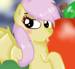 Size: 544x496 | Tagged: safe, artist:ponytail-dash, imported from derpibooru, fluttershy, bat pony, pony, apple, bat ponified, blushing, female, flutterbat, food, looking back, race swap, solo, solo female