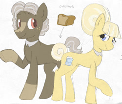 Size: 606x517 | Tagged: safe, artist:roachtoon, imported from derpibooru, oc, oc:bill cornbread, oc:june cornbread, oc:mr cornbread, oc:mrs cornbread, oc:roachtoon, earth pony, pony, baker, bakery, coat markings, cornbread couple, couple, earth pony oc, female, freckles, husband and wife, male, married couple, mr cornbread, mrs cornbread, smiling, socks (coat marking), socks (coat markings), standing