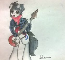 Size: 1554x1443 | Tagged: safe, artist:almaustral, imported from derpibooru, oc, oc only, oc:lighting wind, anthro, earth pony, clothes, earth pony oc, guitar, male, musical instrument, neckerchief, open mouth, signature, solo, traditional art