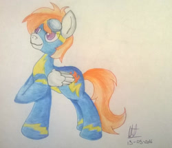 Size: 1659x1424 | Tagged: safe, artist:almaustral, imported from derpibooru, oc, oc only, pegasus, pony, clothes, goggles, pegasus oc, raised hoof, signature, smiling, solo, traditional art, uniform, wings, wonderbolts uniform