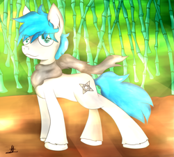 Size: 1321x1192 | Tagged: safe, artist:almaustral, imported from derpibooru, oc, oc only, earth pony, pony, bamboo, clothes, earth pony oc, outdoors, scarf, signature, smiling, solo, traditional art, unshorn fetlocks