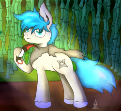 Size: 1270x1165 | Tagged: safe, artist:almaustral, imported from derpibooru, oc, oc only, earth pony, pony, bamboo, clothes, earth pony oc, hoof hold, machete, outdoors, scarf, signature, smiling, solo, traditional art, unshorn fetlocks