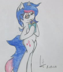 Size: 2704x3093 | Tagged: safe, artist:almaustral, imported from derpibooru, oc, oc only, oc:bright wind, earth pony, pony, drinking, earth pony oc, glasses, hoof hold, juice, juice box, signature, smiling, solo, traditional art