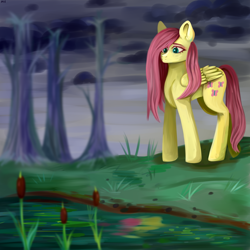 Size: 2000x2000 | Tagged: safe, artist:ske, imported from derpibooru, fluttershy, pegasus, pony, cattails, reeds, sad, solo, tree, water