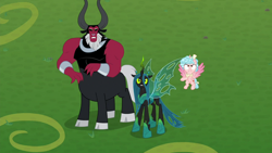 Size: 1920x1080 | Tagged: safe, imported from derpibooru, screencap, cozy glow, lord tirek, queen chrysalis, alicorn, centaur, changeling, changeling queen, pony, the ending of the end, alicornified, armor, bow, cloven hooves, colored hooves, cozycorn, female, filly, hair bow, male, nose piercing, nose ring, piercing, race swap, septum piercing, trio