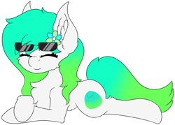 Size: 4572x3271 | Tagged: safe, artist:skylarpalette, imported from derpibooru, oc, oc only, oc:gumdrop, earth pony, pony, cheek fluff, chest fluff, ear fluff, earth pony oc, eyes closed, female, flower, fluffy, happy, lying down, mare, simple background, smiling, solo, sunglasses, sunglasses on head, transparent background