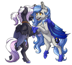 Size: 3222x2906 | Tagged: safe, artist:silentwolf-oficial, imported from derpibooru, oc, oc only, bat pony, pegasus, pony, bat pony oc, bat wings, choker, coat markings, colored hooves, duo, pegasus oc, rearing, simple background, socks (coat marking), socks (coat markings), transparent background, two toned wings, wings